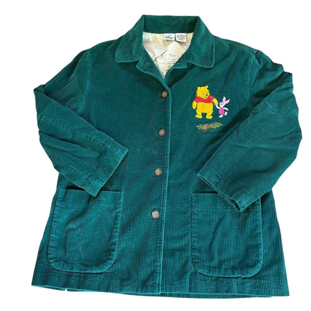 Disney Vintage Corduroy Blazer Jacket Pooh and Piglet Green Cotton Womens Medium